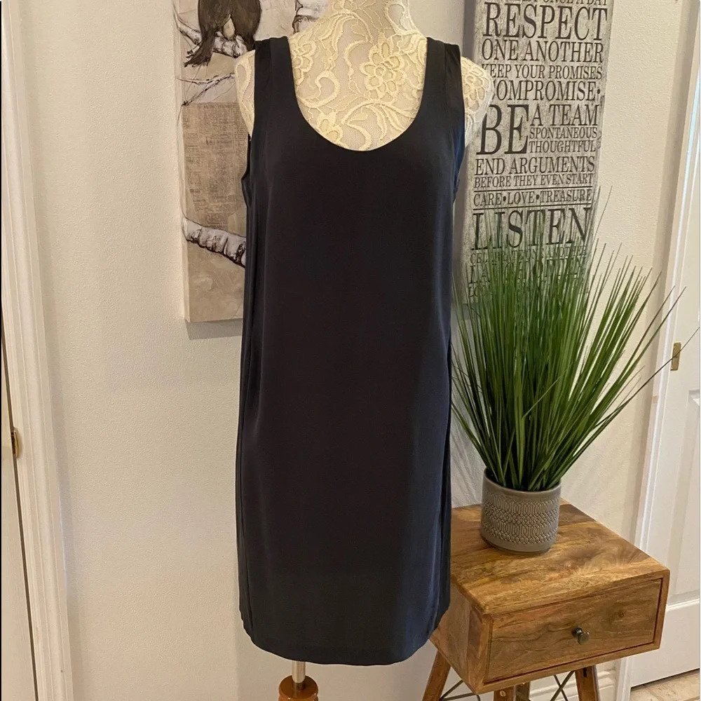Eileen Fisher Grey/Black Georgette Shift Dress - Picture 3 of 8